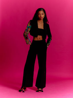 MINI SONDHI - Trippy Eyes Crepe Embroidered Black Jacket With Pant (Set of 2)