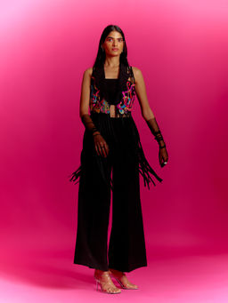 MINI SONDHI - Fringe Crepe Embroidered Black Bustier With Pant With Jacket (Set of 3)