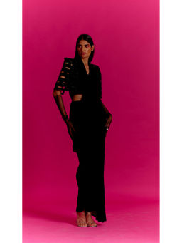 MINI SONDHI - Bricks Cut Out Self Design Bustier With Pant, Jacket & Pre Draped Saree (Set of 4)