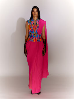 MINI SONDHI - Bricks Cut Out Self Design Bustier With Pant, Jacket & Pre Draped Saree (Set of 4)