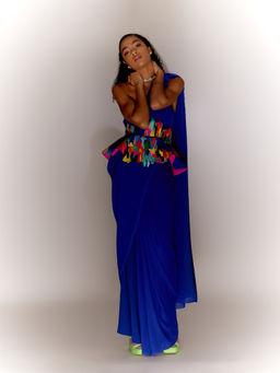 MINI SONDHI - Paint Stain Bustier With Pant, Peplum Top & Pre Draped Saree (Set of 4)