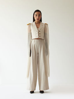 MINI SONDHI - Sunflower Linen Sequined Off White Jacket With Pant (Set of 2)