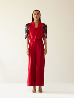 MINI SONDHI - S.H Raza Crepe Embroidered Red Jumpsuit With Jacket (Set of 2)