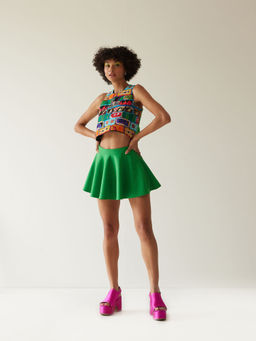 MINI SONDHI - Bricks Cut Out Blended Embroidered Green Crop Top With Mini Skirt (Set of 2)
