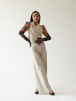 MINI SONDHI - Paint Stain Crepe Embroidered Off White Jacket With Pant (Set of 2)