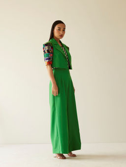 MINI SONDHI - Bricks Cut Out Crepe Embroidered Green Jacket With Pant (Set of 2)