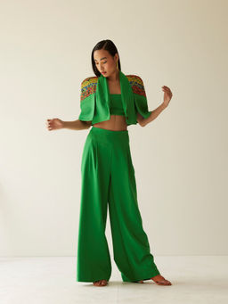 MINI SONDHI - Flower Valley Crepe Embroidered Green Jacket With Pant (Set of 2)