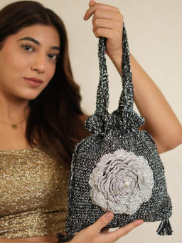 ITIHASIKALA - Black Silver Petal Crochet Potli