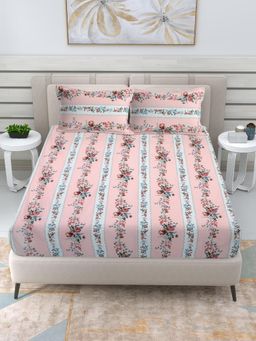 FABINALIV - Pink Floral Cotton Blend King Double Bedsheet with 2 Pillow Covers