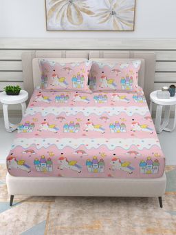 FABINALIV - Multicolor Cartoon Print Cotton Blend King Double Bedsheet with 2 Pillow Covers