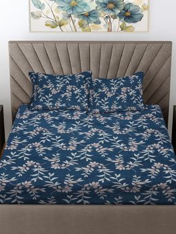 FABINALIV - Blue Floral Cotton Blend King Bedsheet with 2 Pillow Covers