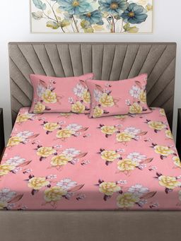 FABINALIV - Pink Floral Cotton Blend King Bedsheet with 2 Pillow Covers