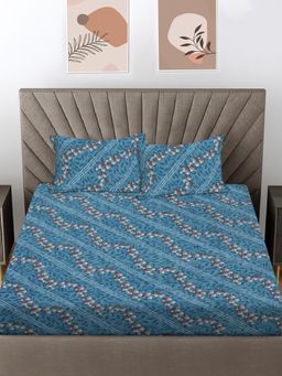 FABINALIV - Blue Floral Cotton Blend King Bedsheet with 2 Pillow Covers