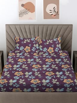 FABINALIV - Purple Floral Cotton Blend King Bedsheet with 2 Pillow Covers