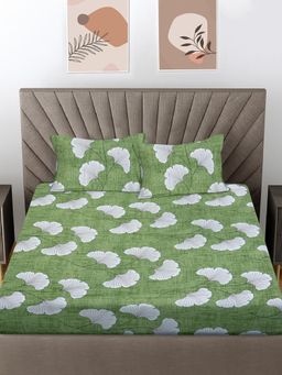 FABINALIV - Green Floral Cotton Blend King Bedsheet with 2 Pillow Covers