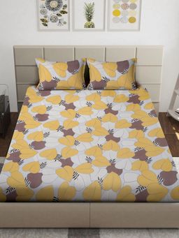 FABINALIV - Yellow Floral Cotton Blend King Bedsheet with 2 Pillow Covers