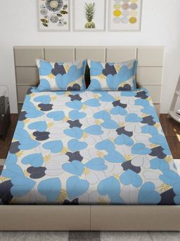 FABINALIV - Blue Floral Cotton Blend King Bedsheet with 2 Pillow Covers