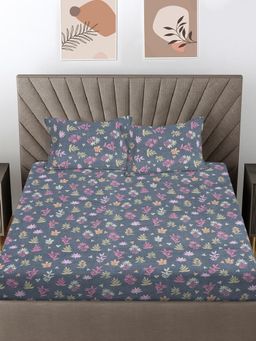 FABINALIV - Multicolor Floral Cotton Blend King Bedsheet with 2 Pillow Covers