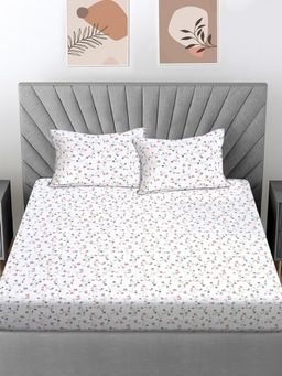 FABINALIV - White Floral Cotton Blend King Bedsheet with 2 Pillow Covers
