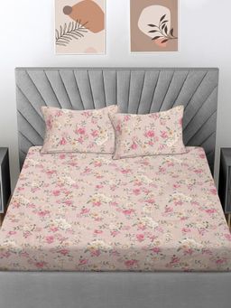 FABINALIV - Peach Floral Cotton Blend King Bedsheet with 2 Pillow Covers