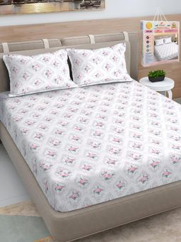 FABINALIV - Cream Floral Cotton Blend King Bedsheet with 2 Pillow Covers