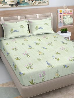 FABINALIV - Green Floral Cotton Blend King Bedsheet with 2 Pillow Covers