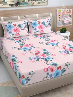 FABINALIV - Multicolor Floral Cotton Blend King Bedsheet with 2 Pillow Covers