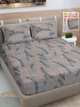 FABINALIV - Grey Floral Cotton Blend King Bedsheet with 2 Pillow Covers