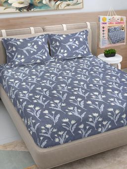 FABINALIV - Blue Floral Cotton Blend King Bedsheet with 2 Pillow Covers