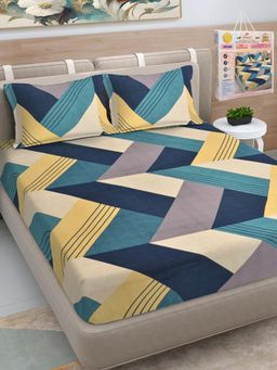 FABINALIV - Multicolor Geometric Cotton Blend King Bedsheet with 2 Pillow Covers