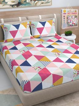 FABINALIV - Multicolor Geometric Cotton Blend King Bedsheet with 2 Pillow Covers