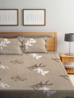 FABINALIV - Brown Floral Cotton Blend King Bedsheet with 2 Pillow Covers