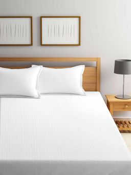 FABINALIV - White Striped Cotton Blend King Bedsheet with 2 Pillow Covers