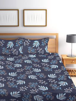FABINALIV - Blue Floral Cotton Blend King Bedsheet with 2 Pillow Covers