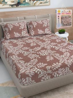 FABINALIV - Brown Floral Cotton Blend King Bedsheet with 2 Pillow Covers