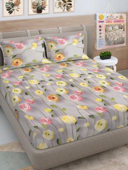 FABINALIV - Multicolor Floral Cotton Blend 7D King Bedsheet with 2 Pillow Covers