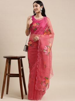 Vastranand - Solid Organza Party Wear Saree With Hand Paint Flower Butta- Coral with Unstitched Blouse