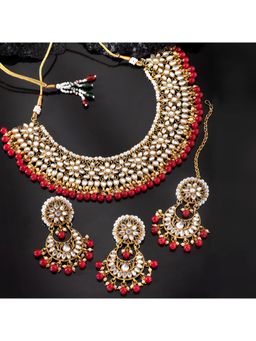 Peora - Traditional & Kundan Red Necklace Earrings Maang Tikka Jewellery Set (PF25N002R)