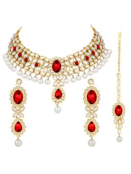 Peora - Traditional Jewellery Gold Plated Kundan Pearl Necklace Earring Mang Tikka Set (PF25N831RR)