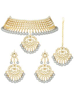 Peora - 18K Gold Plated Traditional Kundan Pearl Grey Faux Pearl Choker Necklace (PF37NK7058GR)