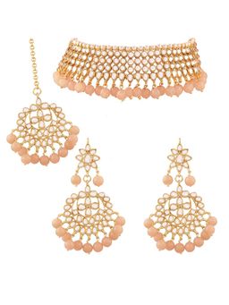 Peora - Traditional Kundan Faux Pearl Choker Necklace Earring Maang Tikka Jewellery Set (PF37NK7075PE)