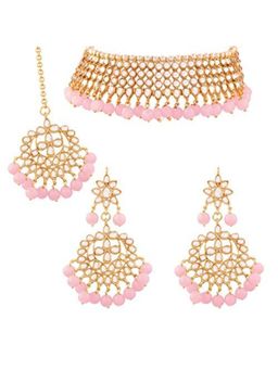 Peora - Traditional Kundan Faux Pearl Choker Necklace Earring Maang Tikka Jewellery Set (PF37NK7075PK)