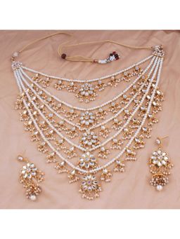 Peora - Traditional Kundan Pearl Layered Long Necklace Earring Maang Tikka Jewellery Set (PF37NM4080W)