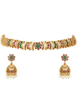 Peora - Traditional Matte Gold Plated Choker Style Necklace Earring Jewellery Set (PF42NFN1215RG)