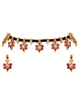 Peora - Gold Plated Red Stone Black Cotton Dori Necklace Earrings Jewellery Set (PF42NFN787R)