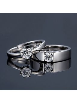 Peora - Silver Plated Crystal Solitaire Couple Ring Set for Men Women (PFCCR23)