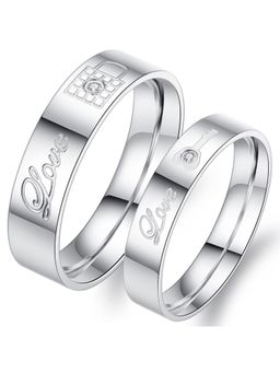 Peora - Silver Plated Love Lock & Key Engraved Stainless Steel Matching Couple Rings (PFCCR59)
