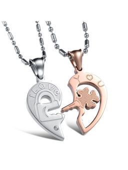 Peora - Lovers Pink Metal Heart 2 Piece Love You Inscribed Lock Key Couple Pendant (PFCP45)