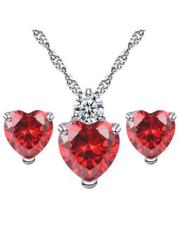 Peora - Rhodium Plated Red Crystal Heart Necklace Pendant Earring Set for Women and Girls (PFCPS02)