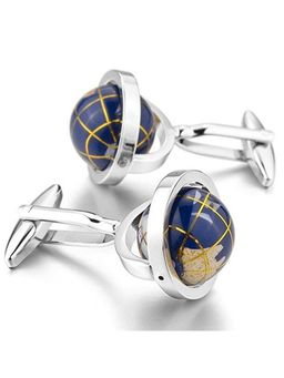 Peora - Really Spins Rhodium Plated Blue Globe Earth Cufflinks for Men (PX9CL04)
